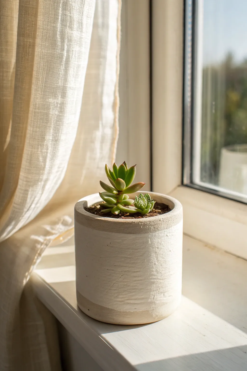 Minimal air dry clay cachepot with tiny succulent, sunlit and serene for small-space decor.