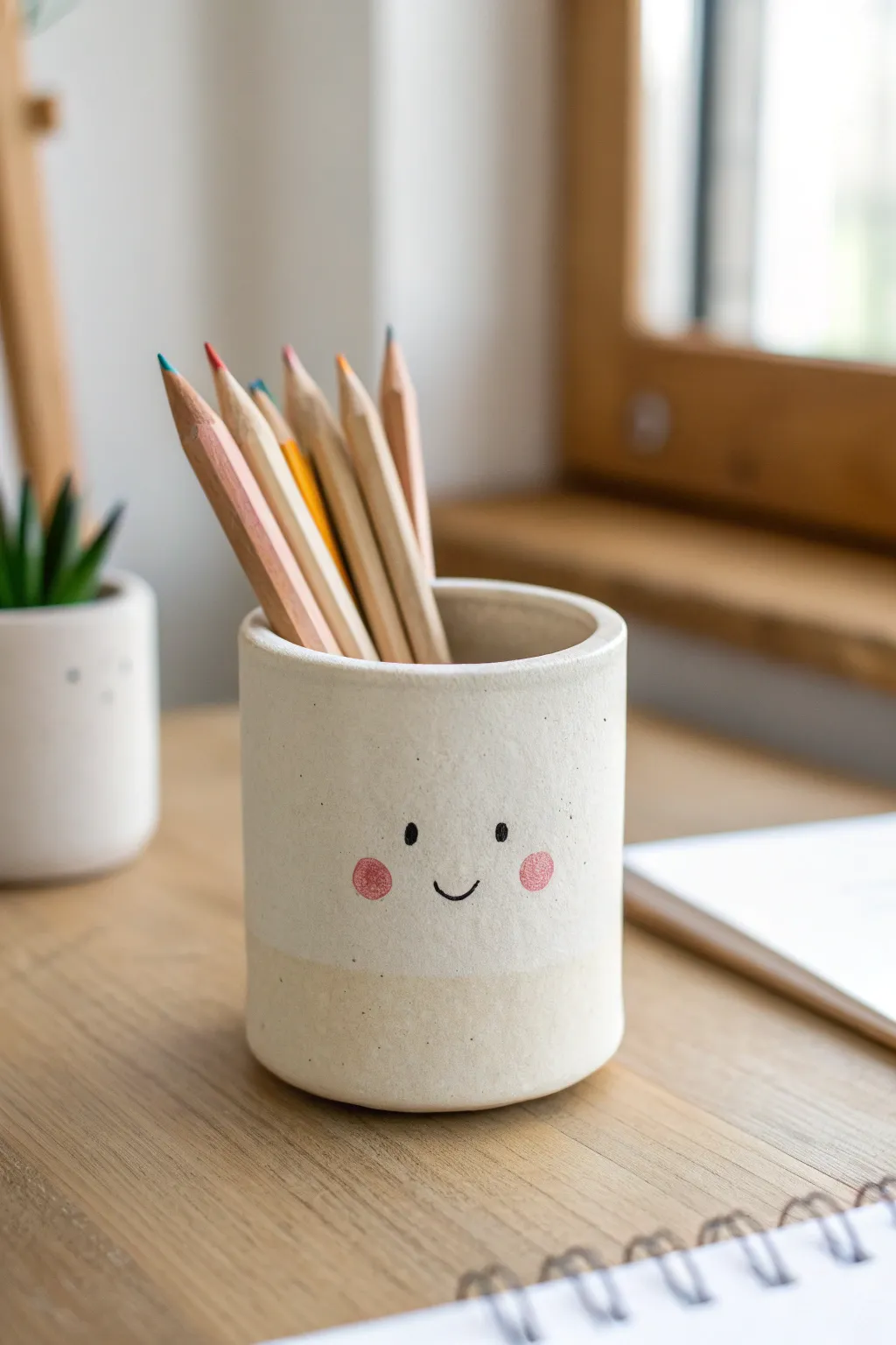 Cute air dry clay pencil cup desk buddy with rosy cheeks, perfect beginner kids project