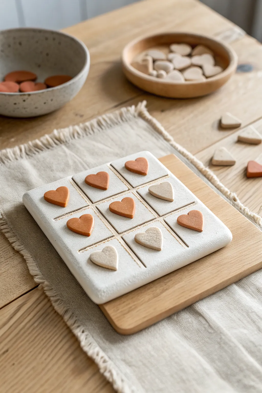 Sweet gaming night: air-dry clay tic-tac-toe set with heart and dot couple pieces