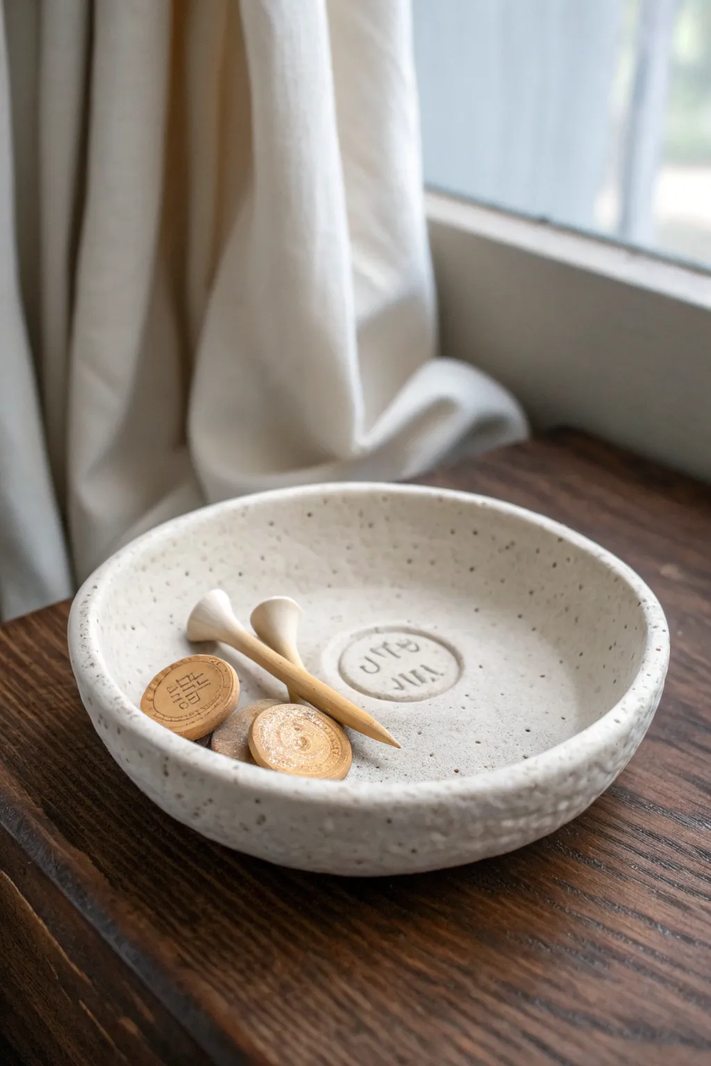 Minimal air dry clay coin dish with golf tees, a simple Fathers Day gift with handmade charm.