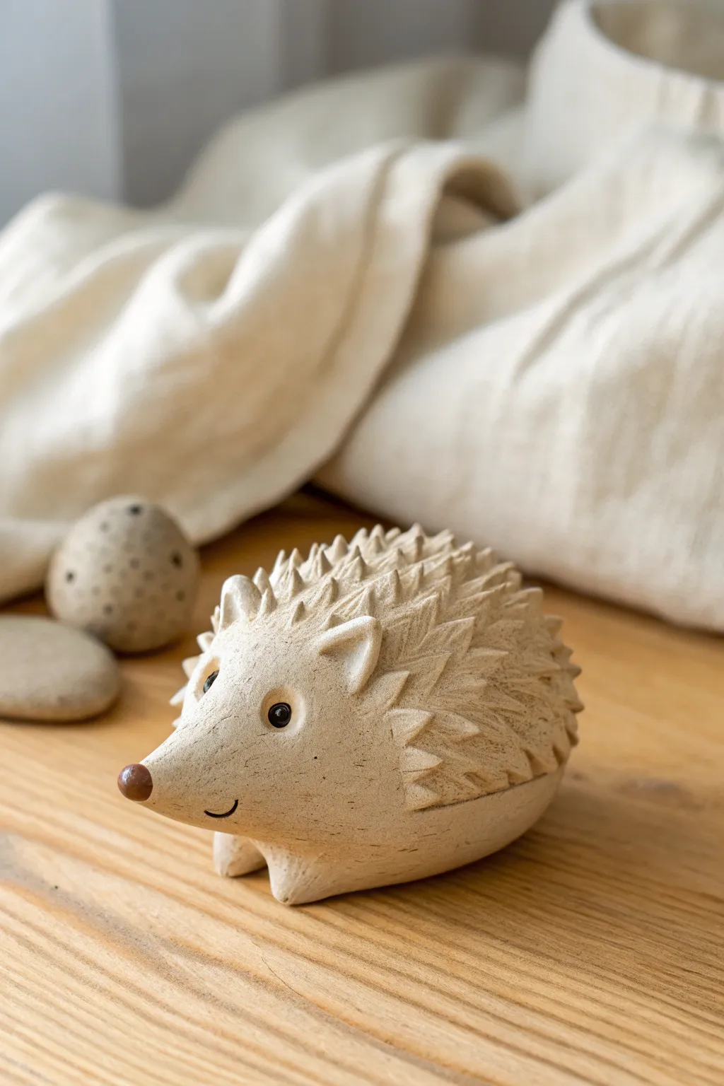 Cozy air dry clay hedgehog with pressed spines, a simple animal craft kids will love