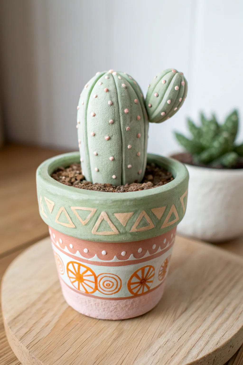 Tiny cactus in a mini clay pot, a cute air dry clay project kids can finish and display proudly.