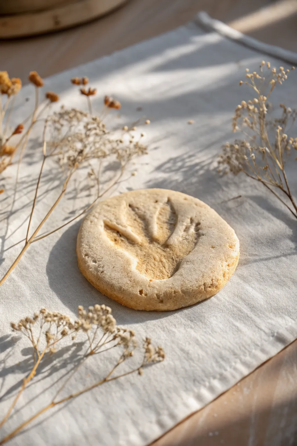 Simple air-dry clay dinosaur fossil tile—perfect kindergarten craft, sandy tones and soft texture.