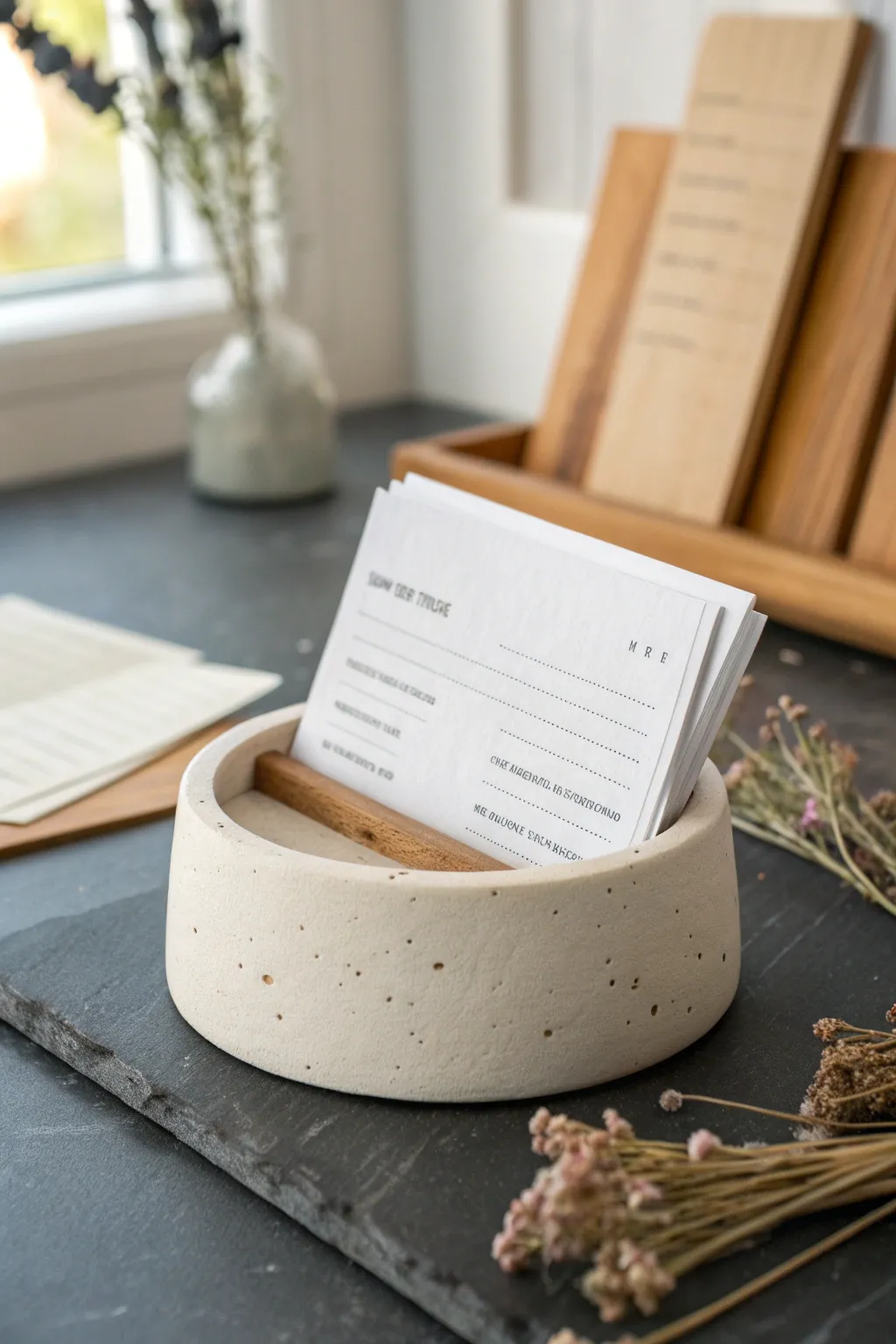 Air dry clay recipe card holder for Mom, minimalist and handmade, perfect on a cozy kitchen counter