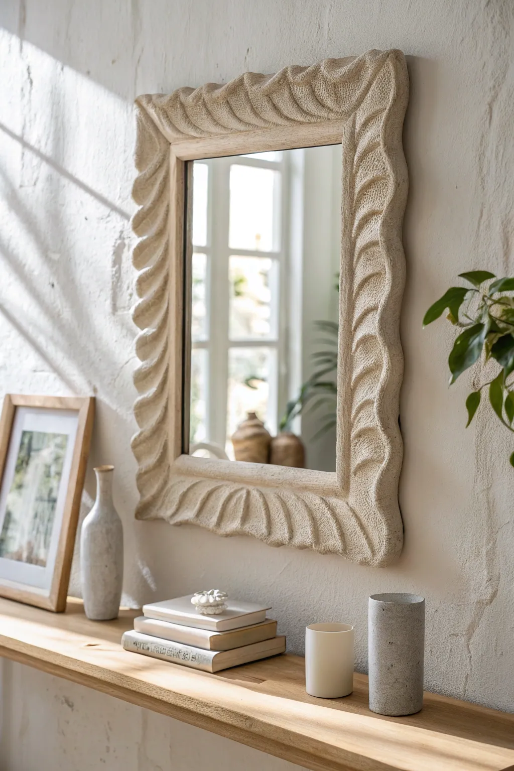 Soft wavy air dry clay mirror frame with organic edges, styled minimal for a cozy neutral wall