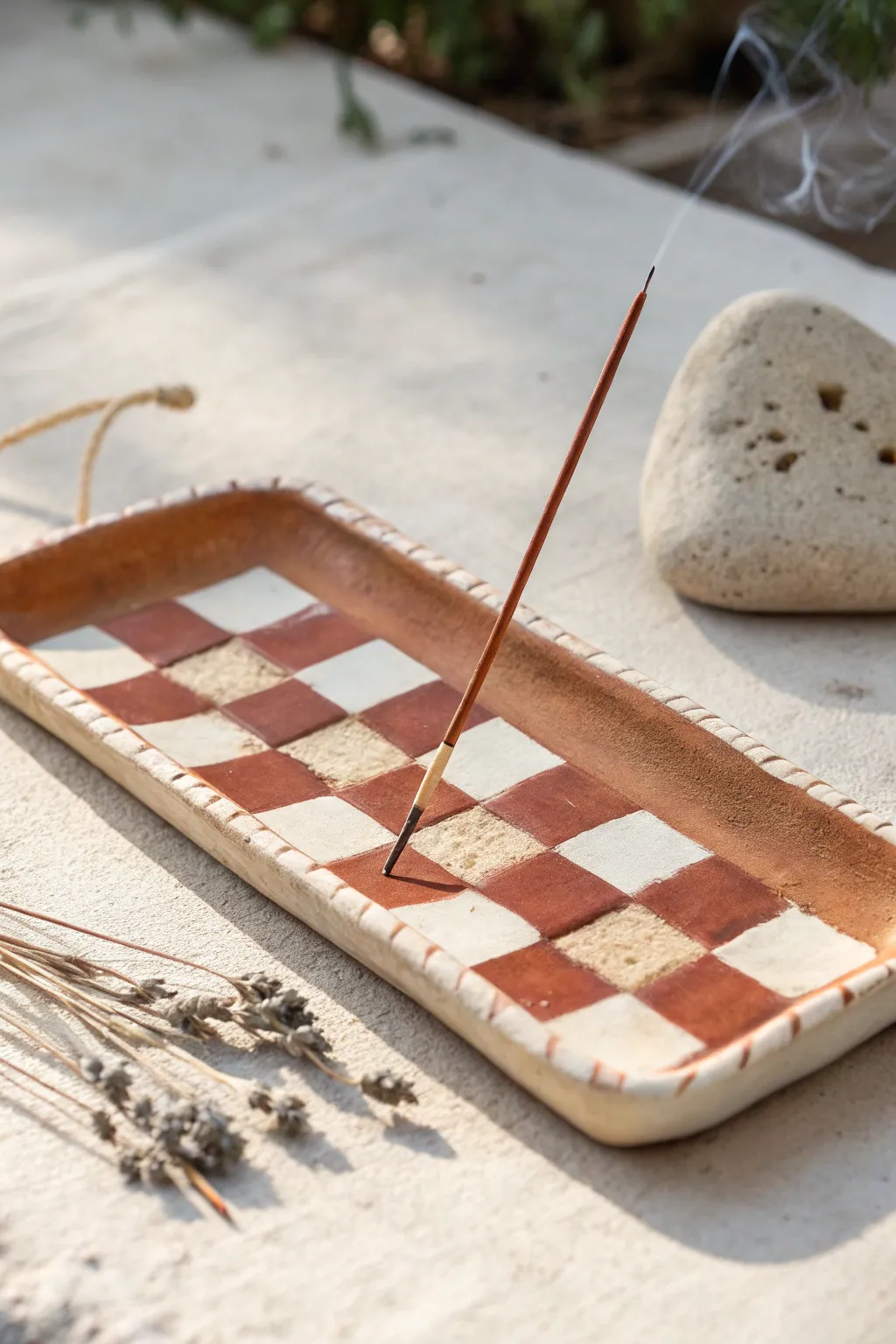 Minimal checkerboard air-dry clay incense plate with a clean ash trail and warm earthy tones