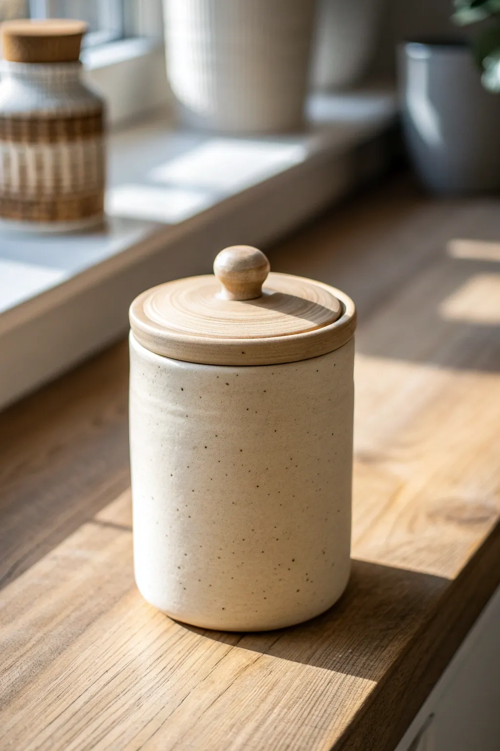 Soft neutral air dry clay canister with a fitted lid and knob, styled for a calm minimalist kitchen