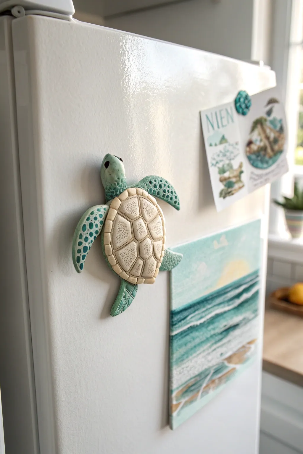 Sweet sea turtle magnet in soft ocean tones, a simple coastal touch for your fridge decor.