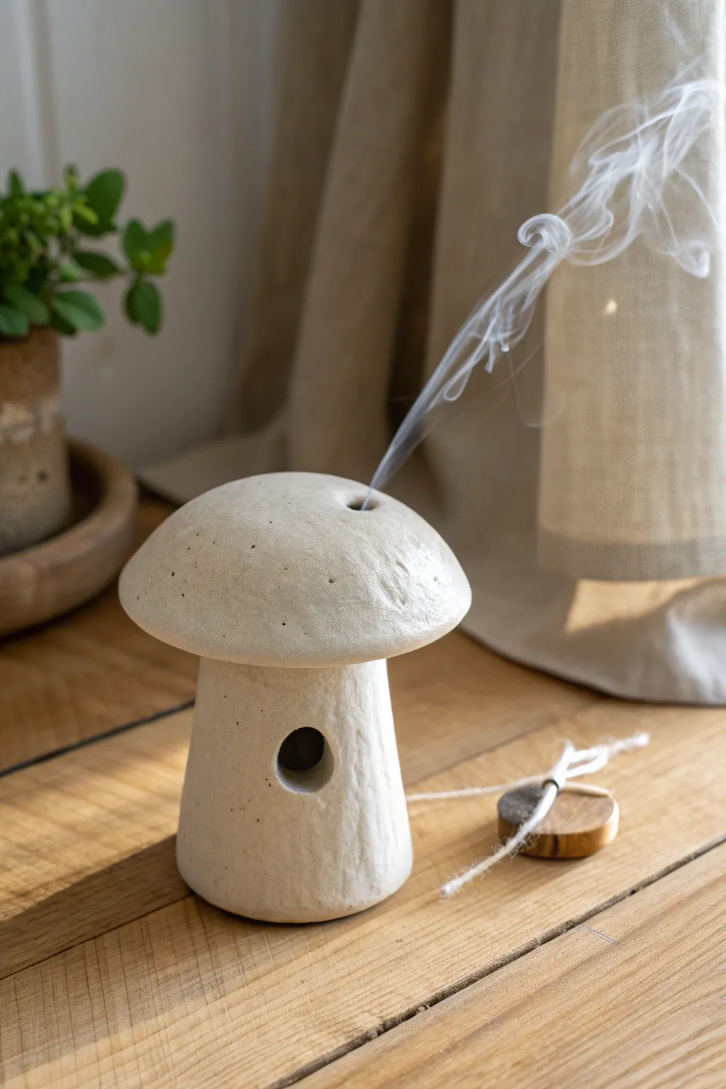 Minimal clay mushroom incense hider with soft drifting smoke, calm Scandinavian boho mood.