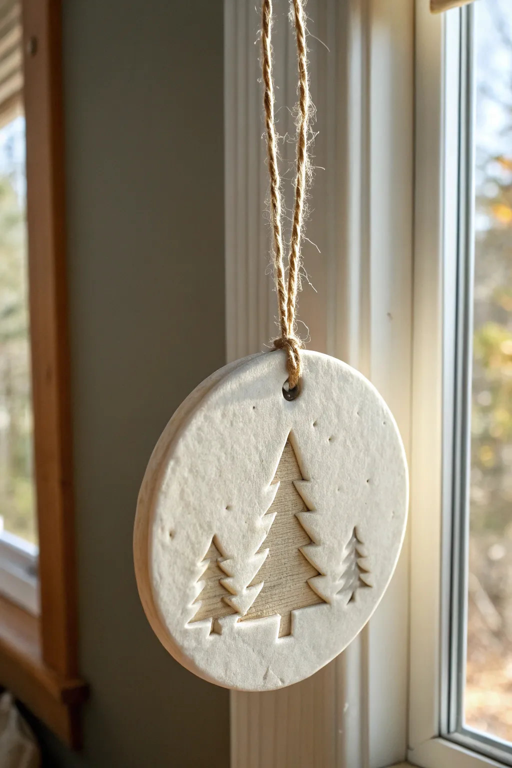 Minimal layered tree ornament in air dry clay, simple depth in calm Scandinavian tones.