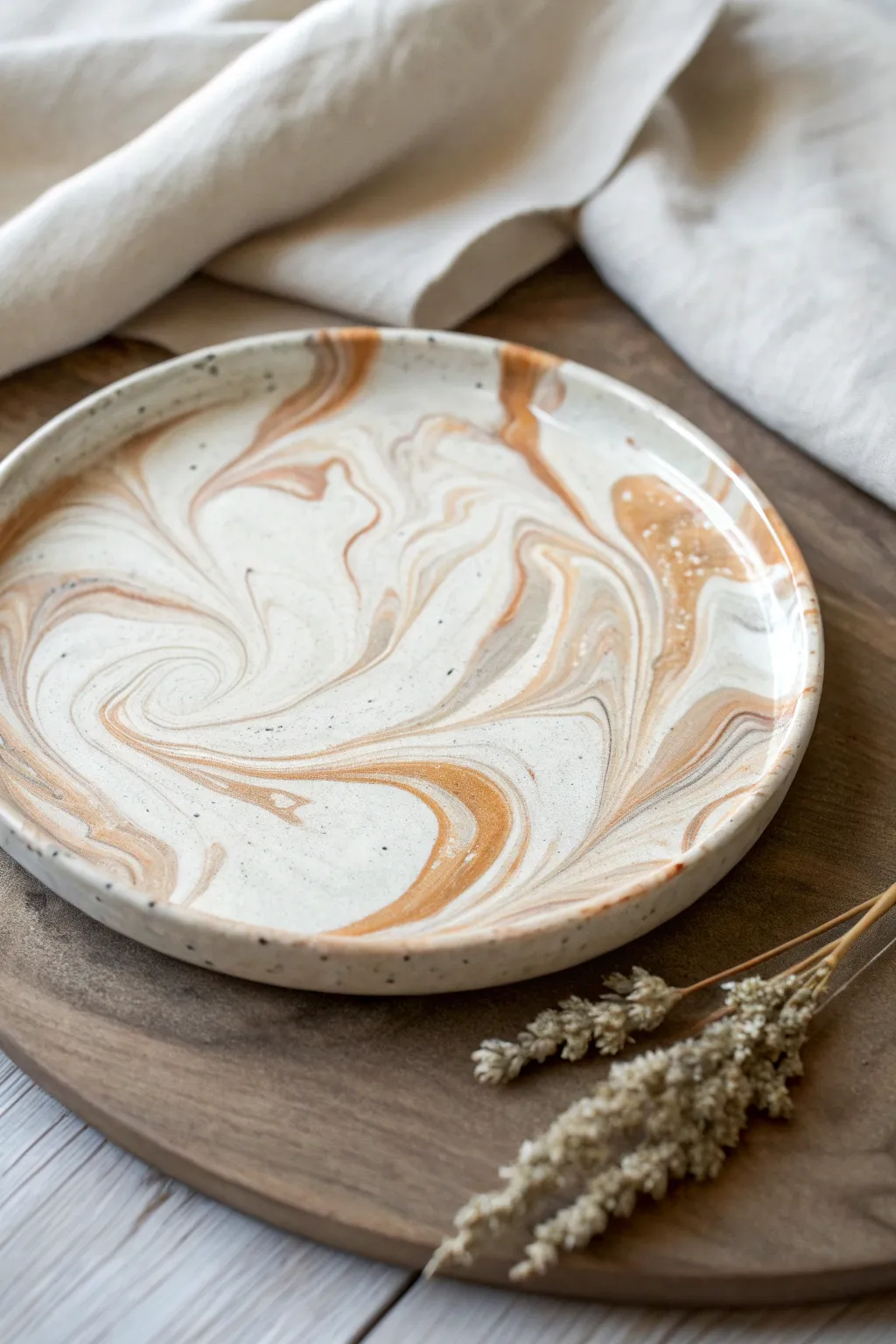 Glossy marbled swirl air dry clay plate in soft neutrals, minimalist styling with warm contrast.