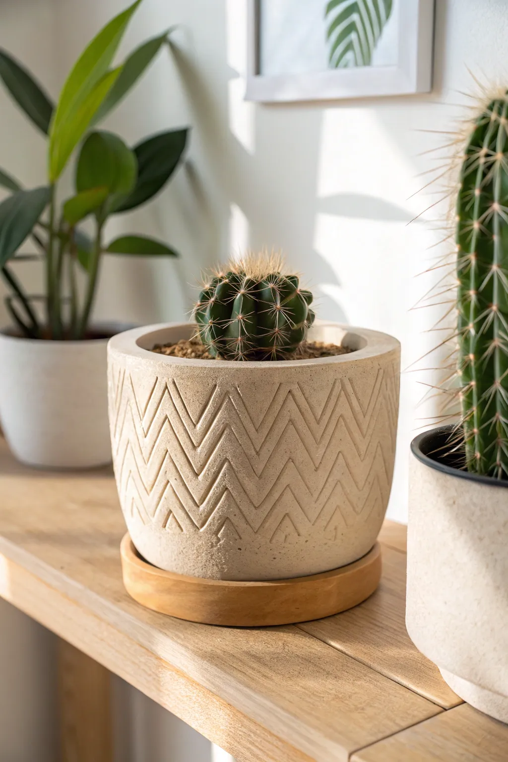 Warm neutral retro planter with simple tool-mark texture, styled minimal with a tiny cactus.