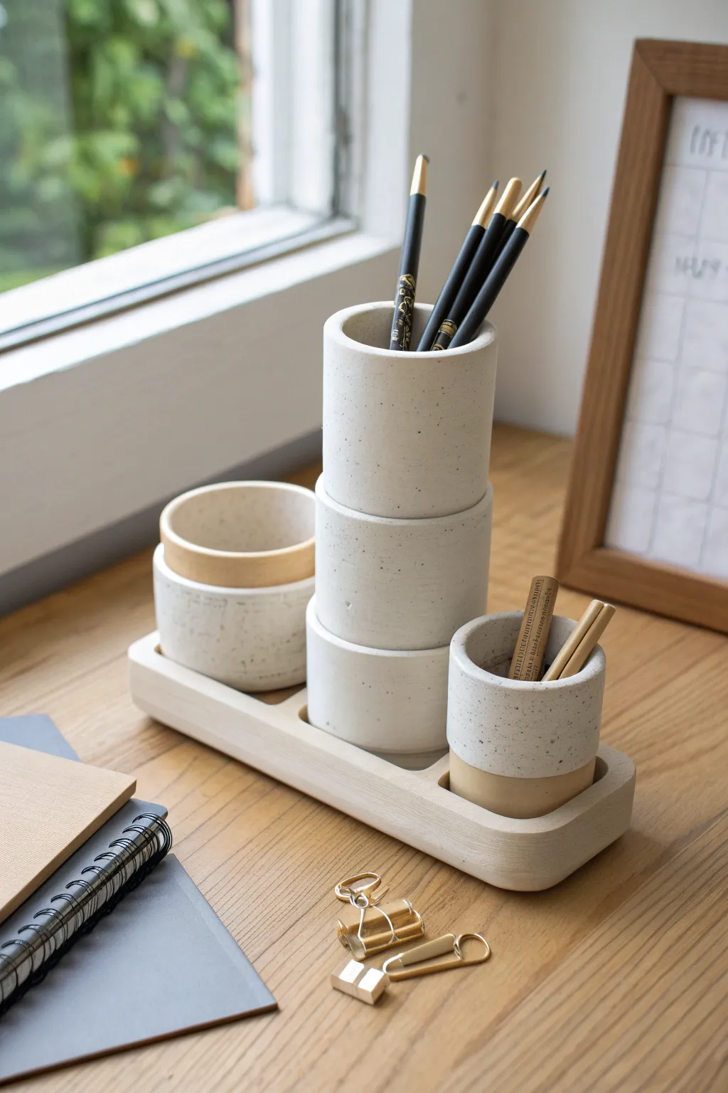 Stackable air dry clay desk pots in neutral tones for a tidy, minimalist workspace.
