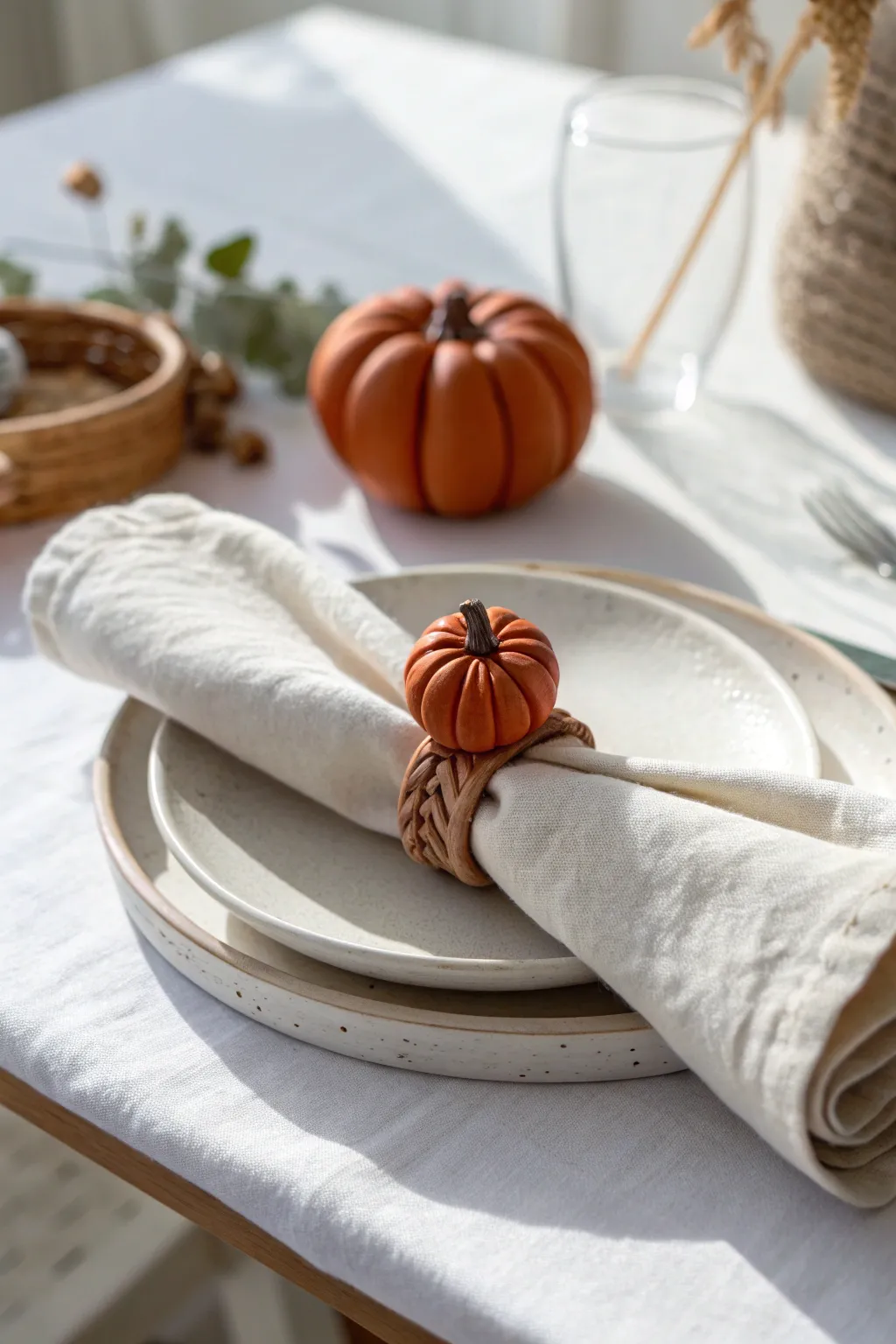 Minimal clay pumpkin napkin ring on a linen roll, cozy Nordic table styling with boho warmth.