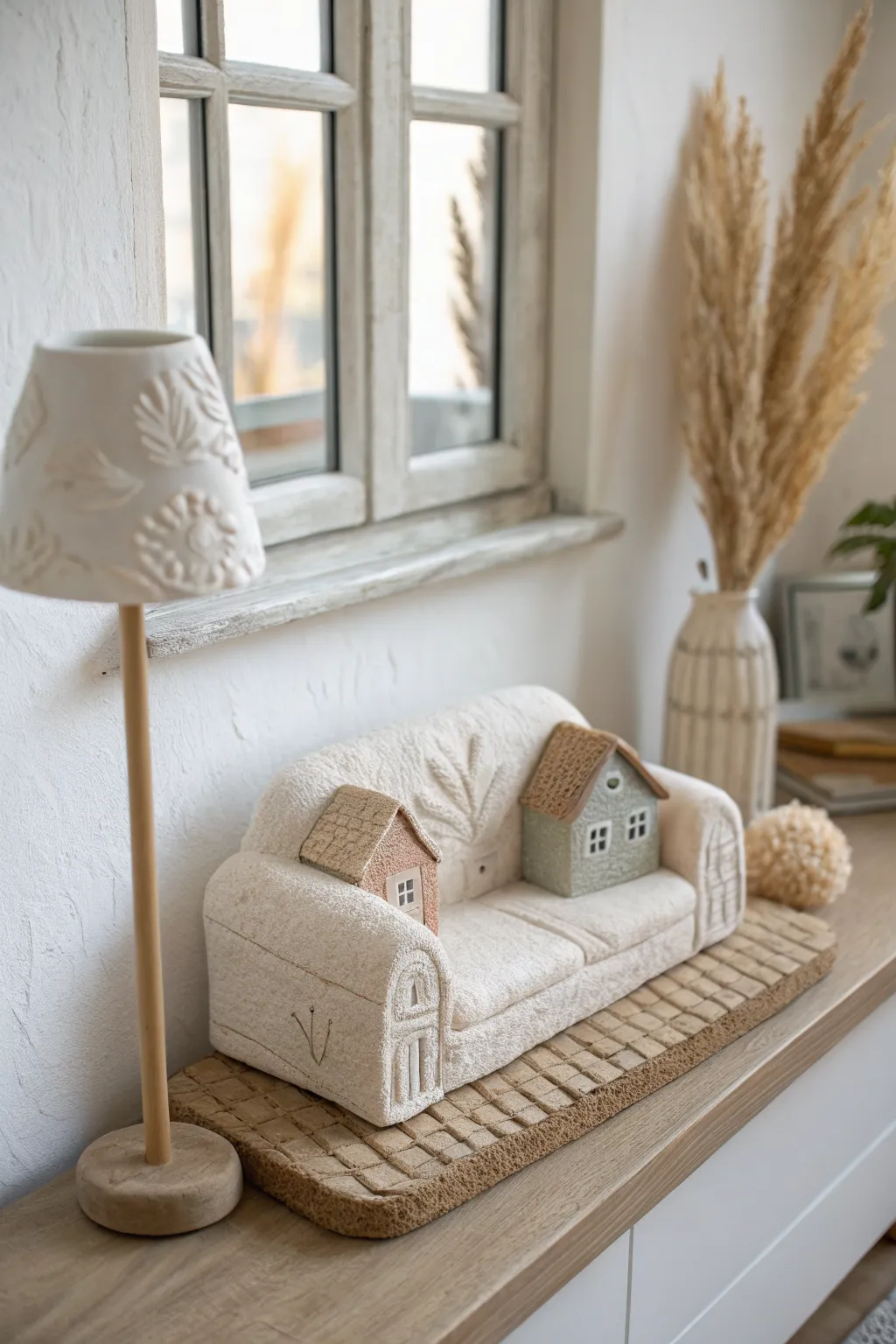 Mini air dry clay house vignette in muted tones, a cozy shelf collectible with Scandinavian calm.