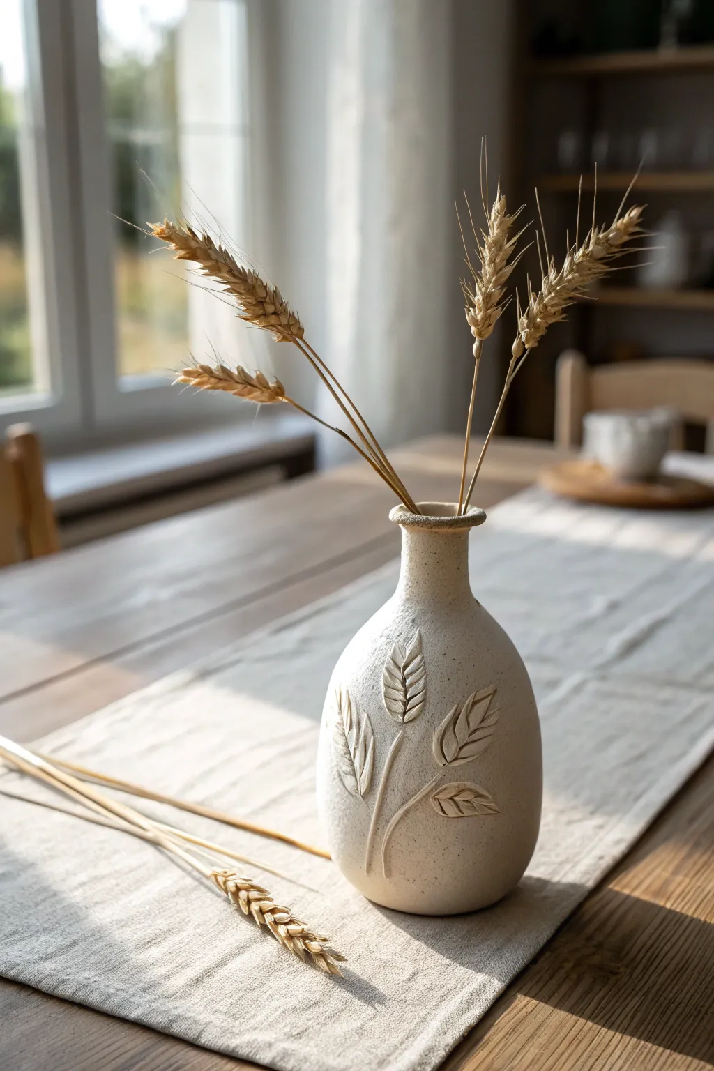 Air dry clay bud vase with carved wheat and dried stems for a simple Thanksgiving harvest touch