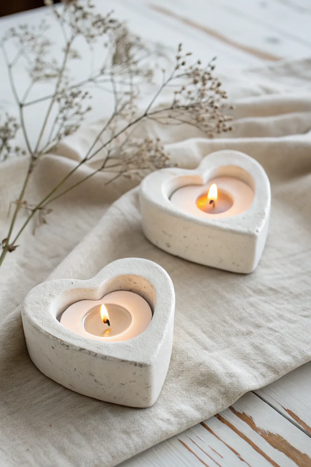 Minimal heart tea light holders with a soft cozy glow, perfect air dry clay Valentines decor