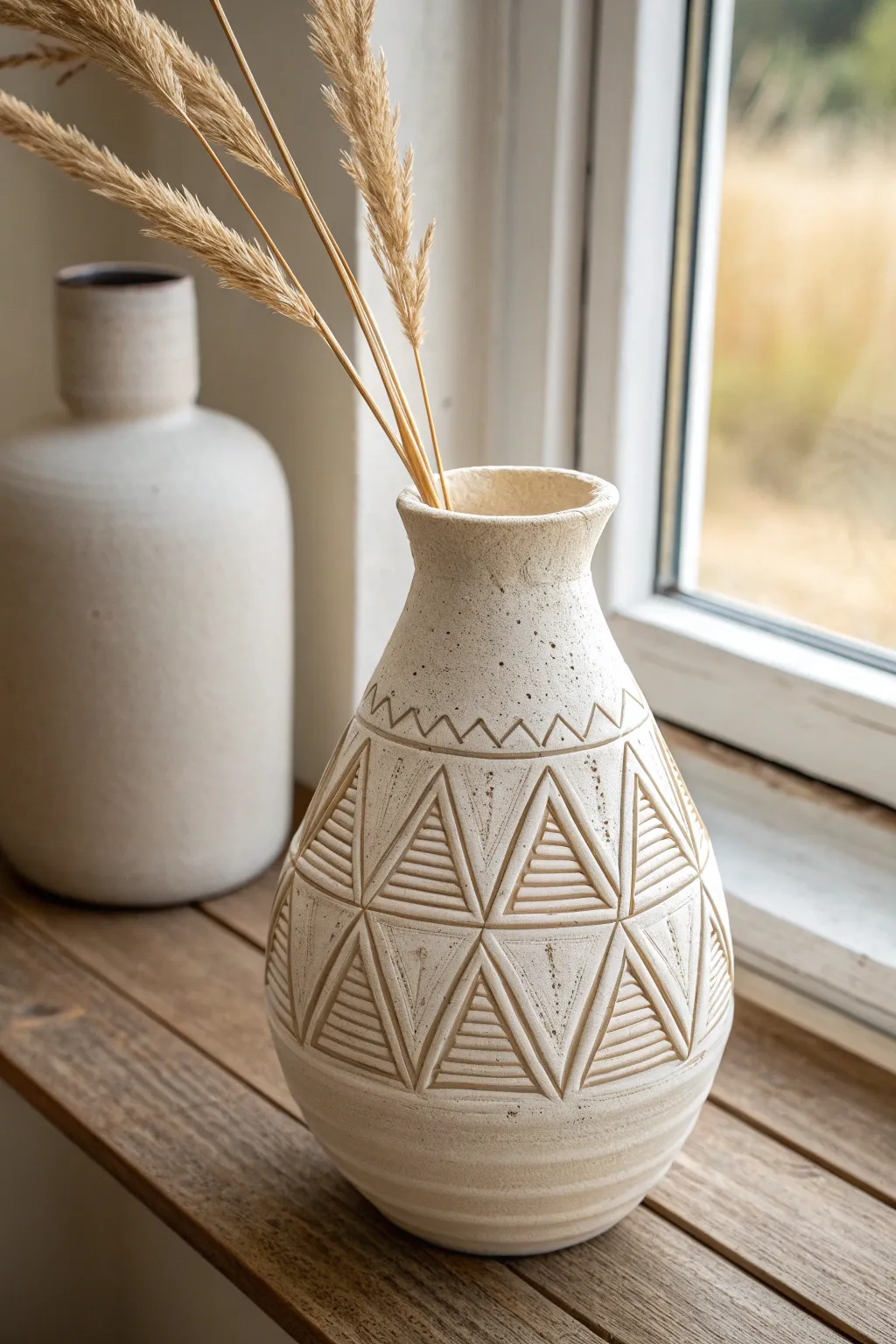 Matte air dry clay vase with carved geometric lines, styled with a single dried stem.