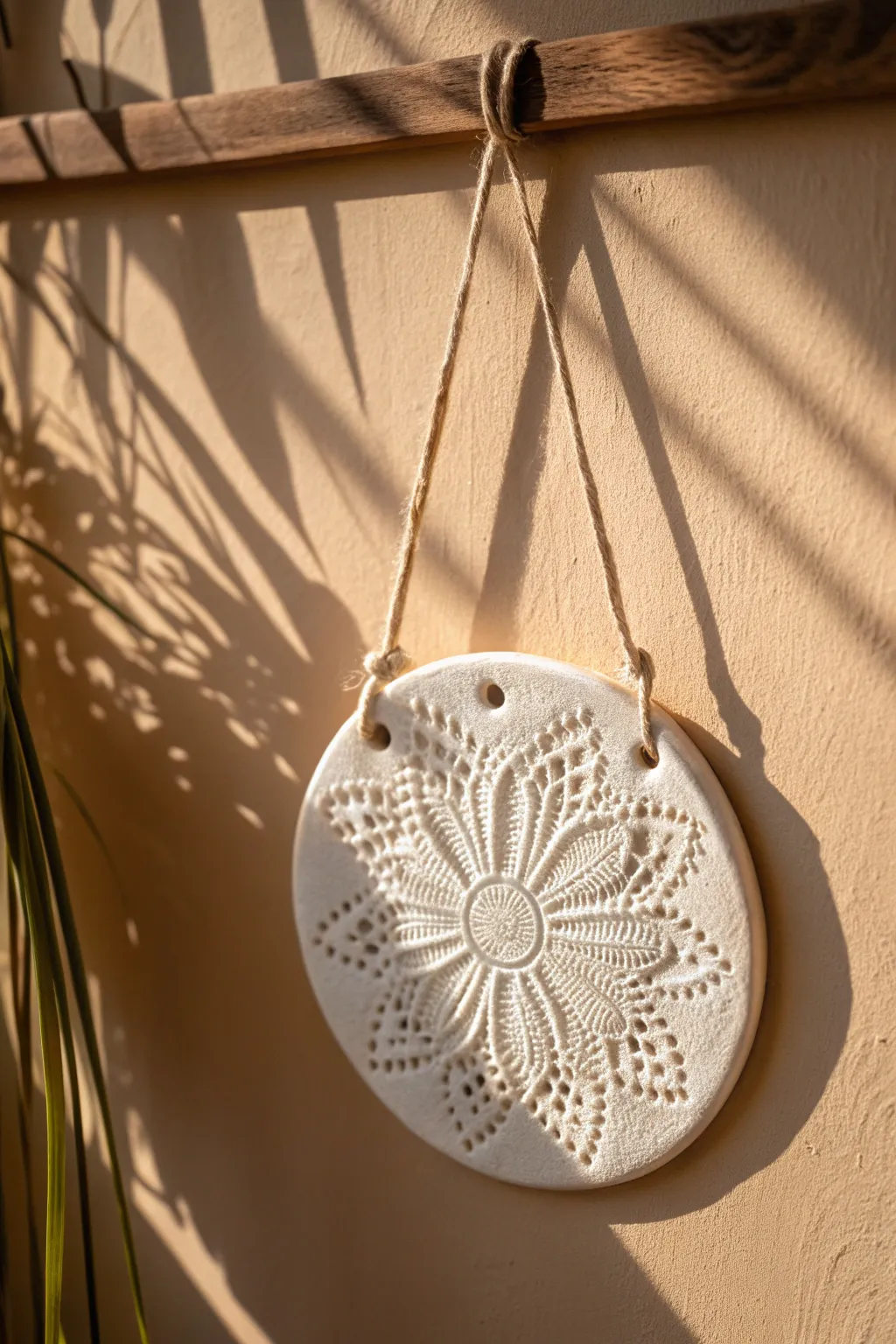 Creamy lace-textured air dry clay wall hanging for a soft Scandinavian boho nook.