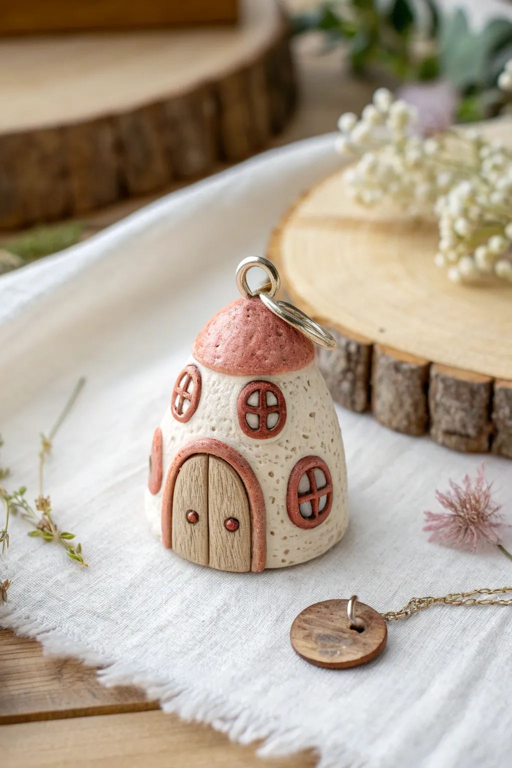 Mini fairy house charm in warm tones, simple, cute, and perfect for air dry clay projects