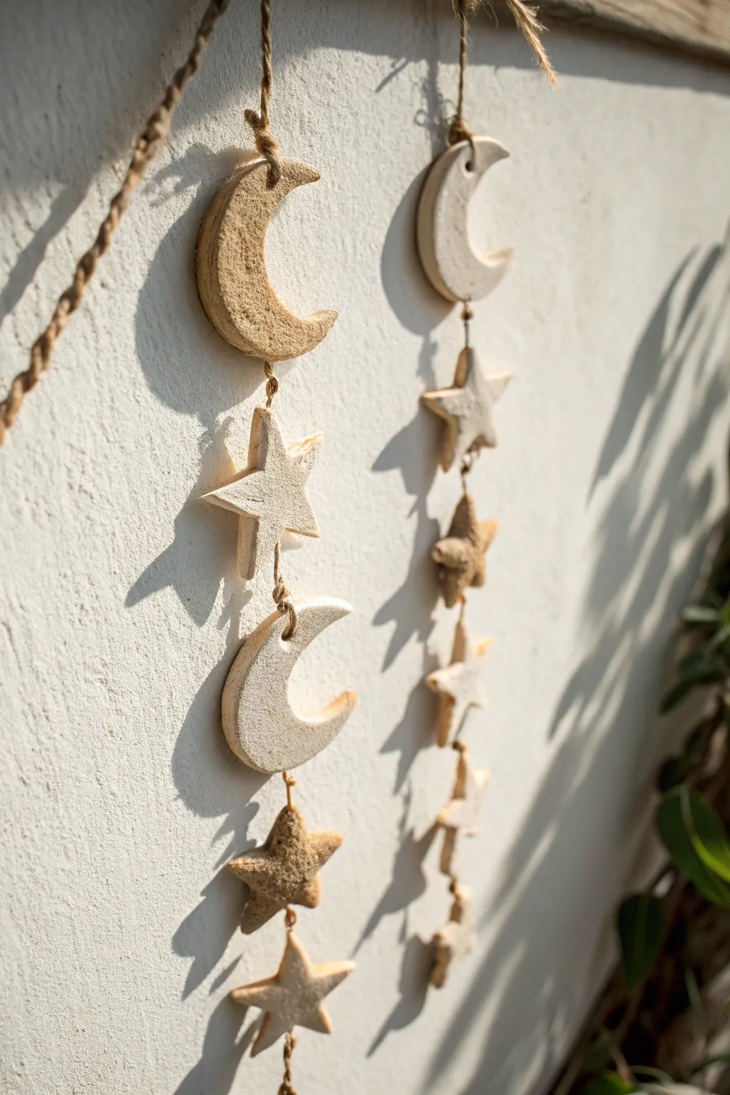 Soft neutral moon and star garland in air dry clay, a simple boho touch for your wall.