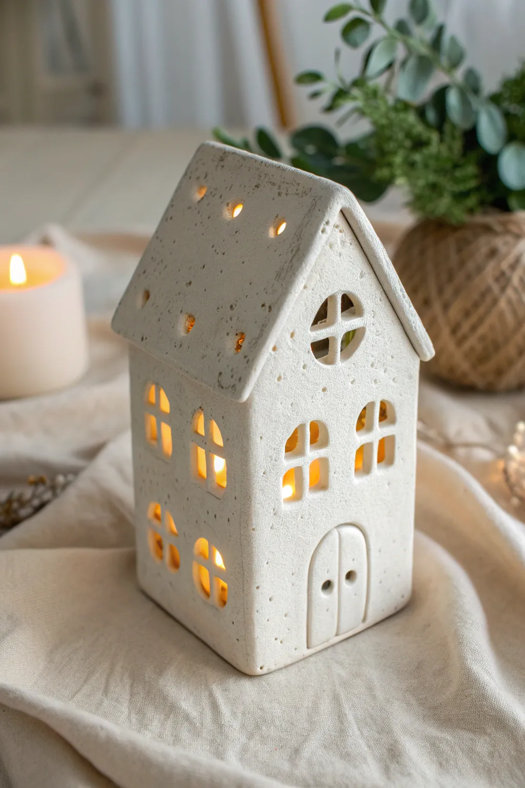 Mini air dry clay house lantern glowing warmly, a simple cute project with cozy Scandinavian vibes