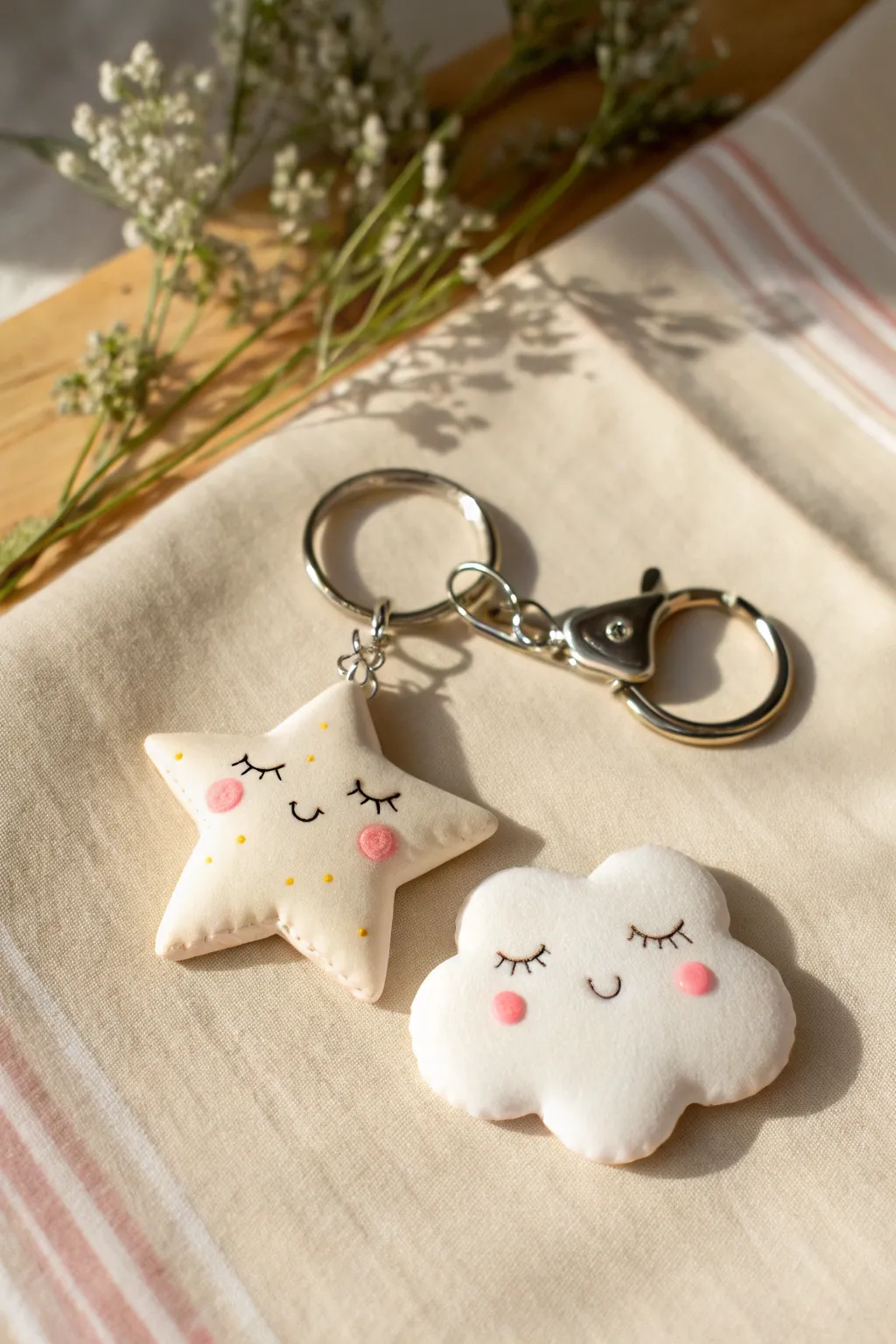 Dreamy foam clay star and cloud bag charm keychain in soft pastels, minimal and handmade