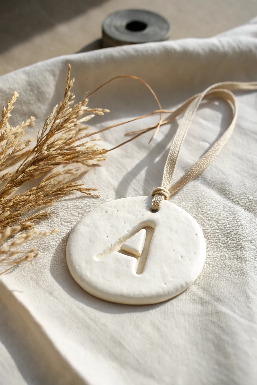 Soft minimalist clay initial ornament with linen ribbon, a simple personalized touch for any space