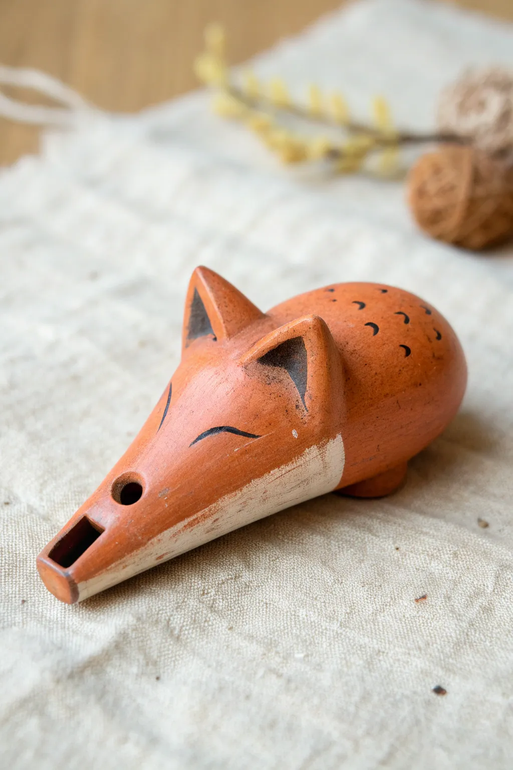 Pointy fox clay whistle with carved fur lines, minimal matte terracotta on soft linen