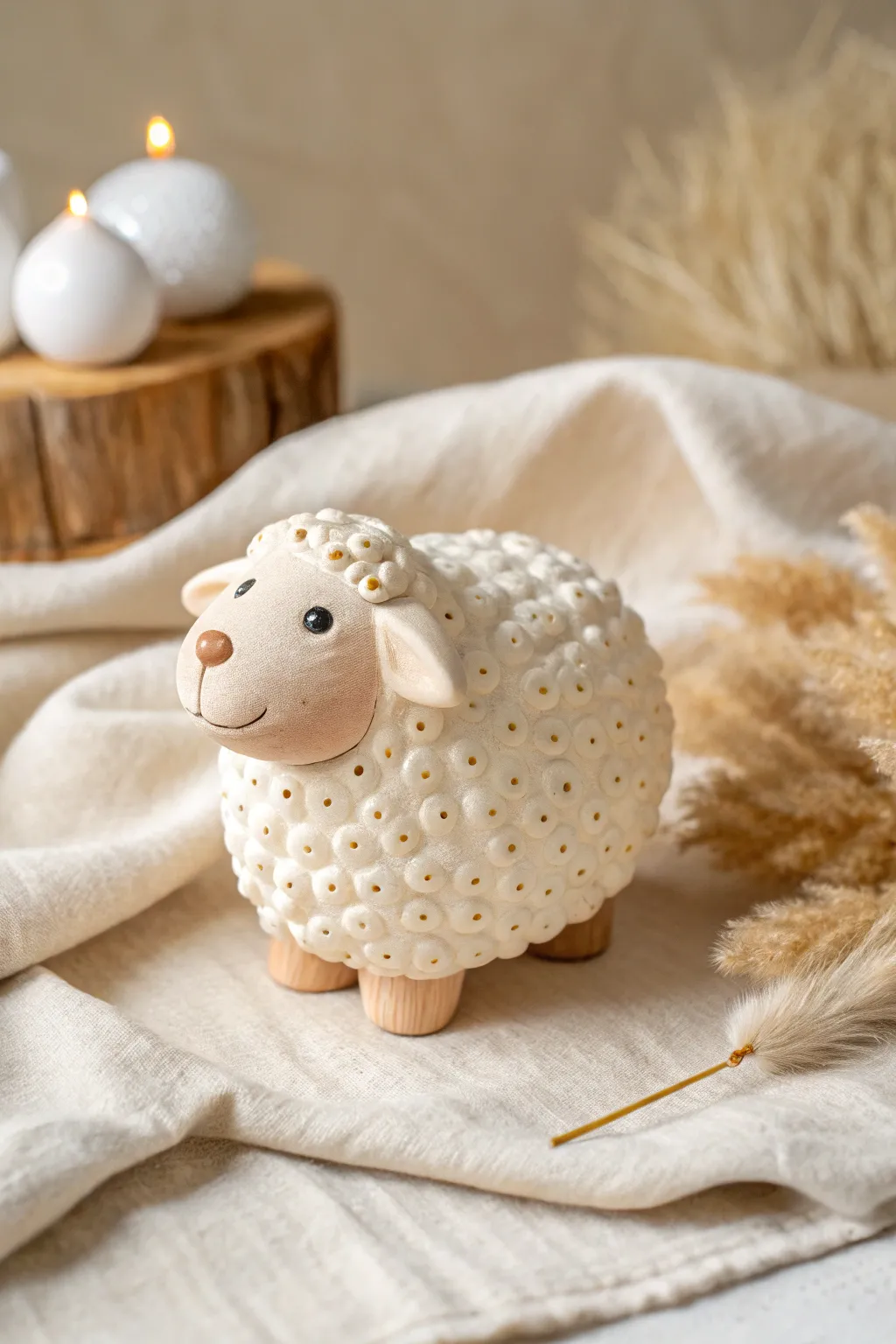 Minimal clay sheep with dot-textured wool in soft white and cream, cozy Scandinavian style