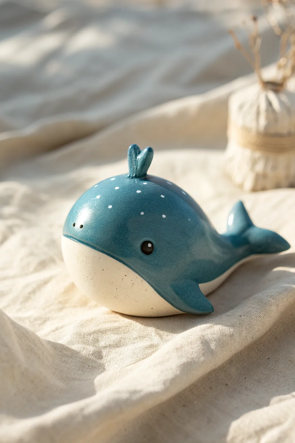 Sweet little clay whale with a tiny water spout, glossy and simple, perfect beginner cute idea.