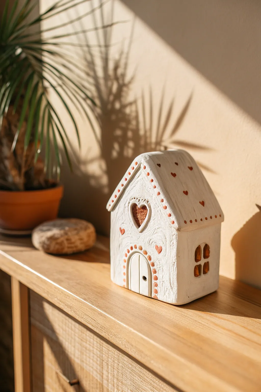 Make this mini clay house with a heart window and dot details for cozy shelf decor.