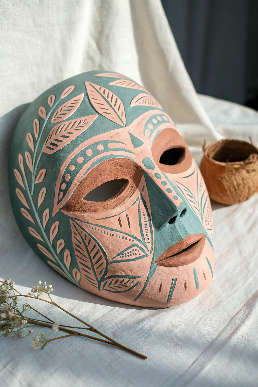 Bold sgraffito lines turn a simple clay mask into a colorful, modern statement piece.