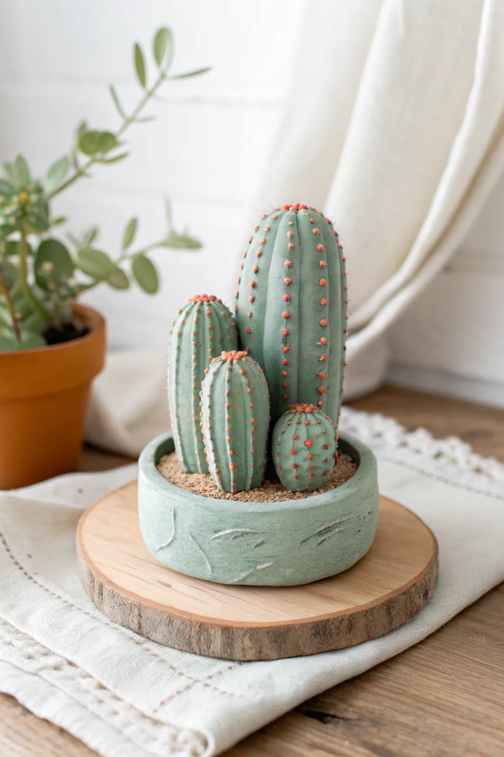 Cute clay cactus trio sculpture, minimalist and boho, perfect beginner-friendly decor.