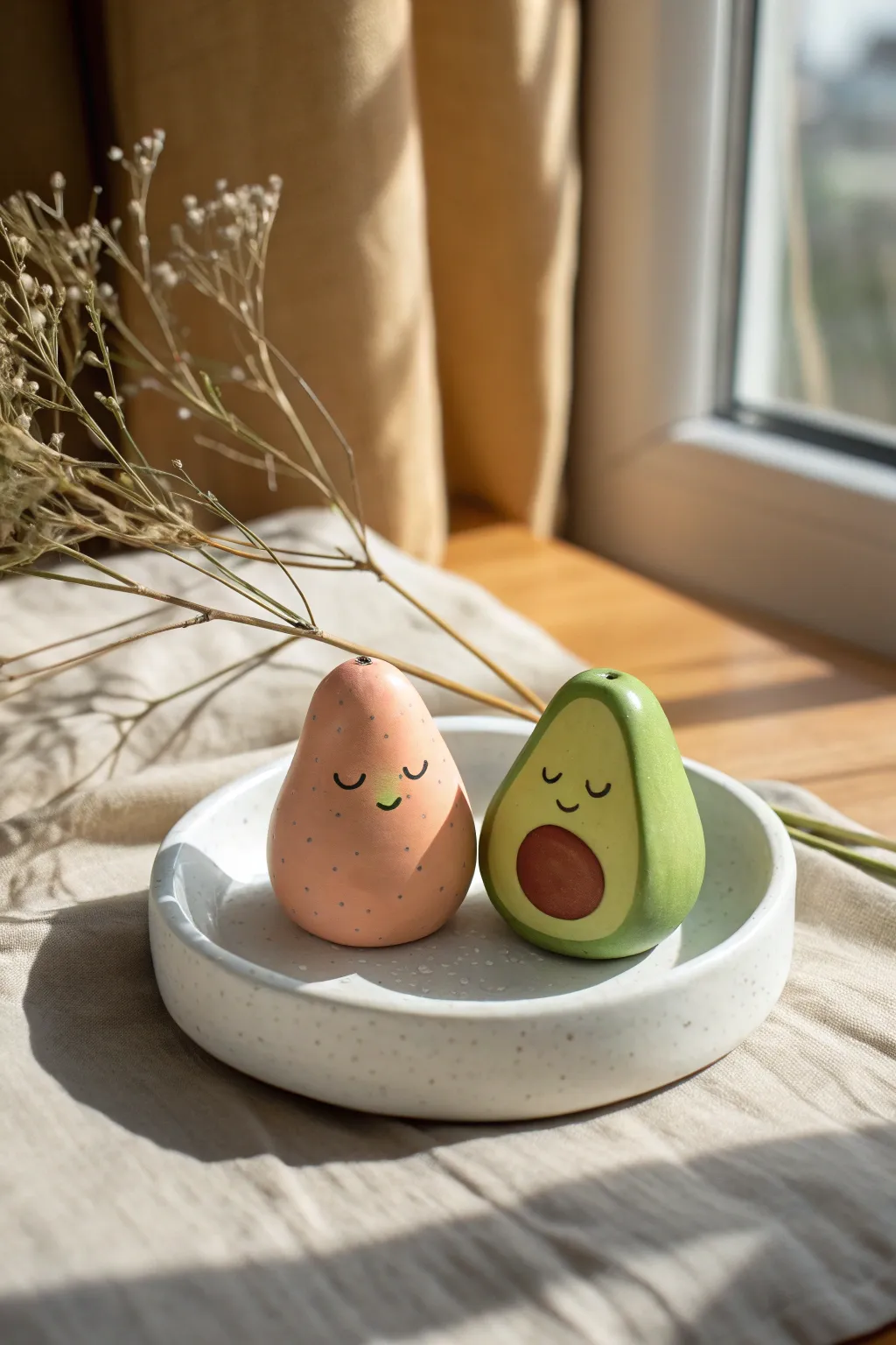 Tiny peach and avocado besties, a sweet minimalist clay duo perfect for cute Pinterest decor.