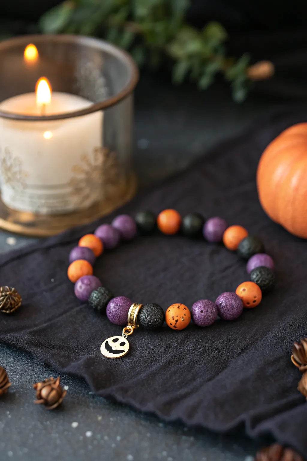 Spooky chic autumn bracelet in purple and orange clay beads, candlelit on a dark backdrop.