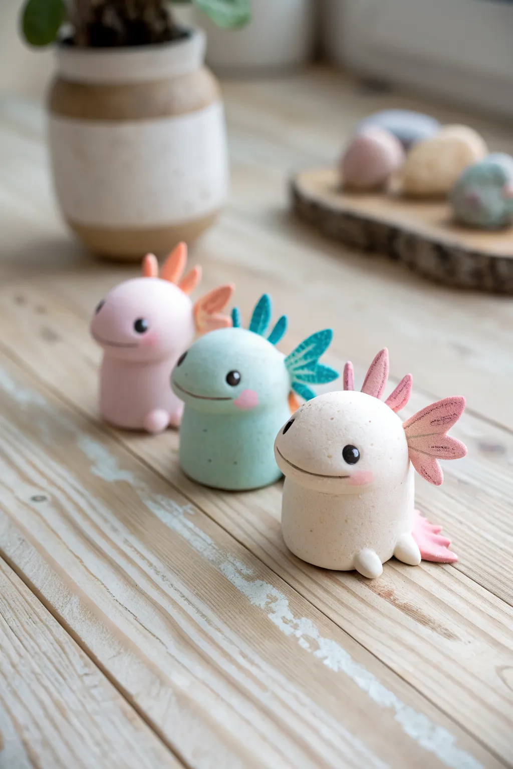 Rainbow gill axolotl minis in pastel, sunset, and ocean tones for easy clay color studies.