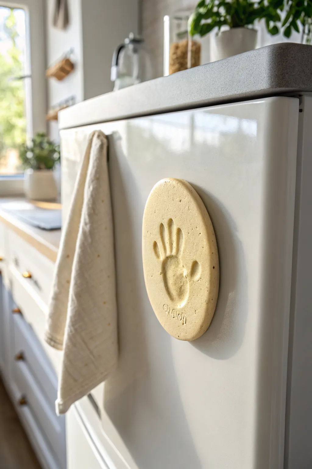 Tiny baby handprint fridge magnet keepsake, minimalist and sweet for everyday family memories