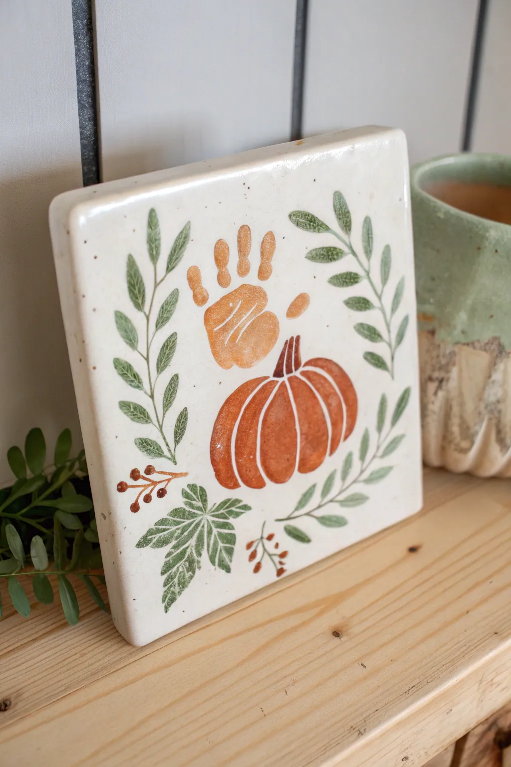 Sweet autumn keepsake: a baby handprint turned into a cozy pumpkin patch tile in warm clay tones.