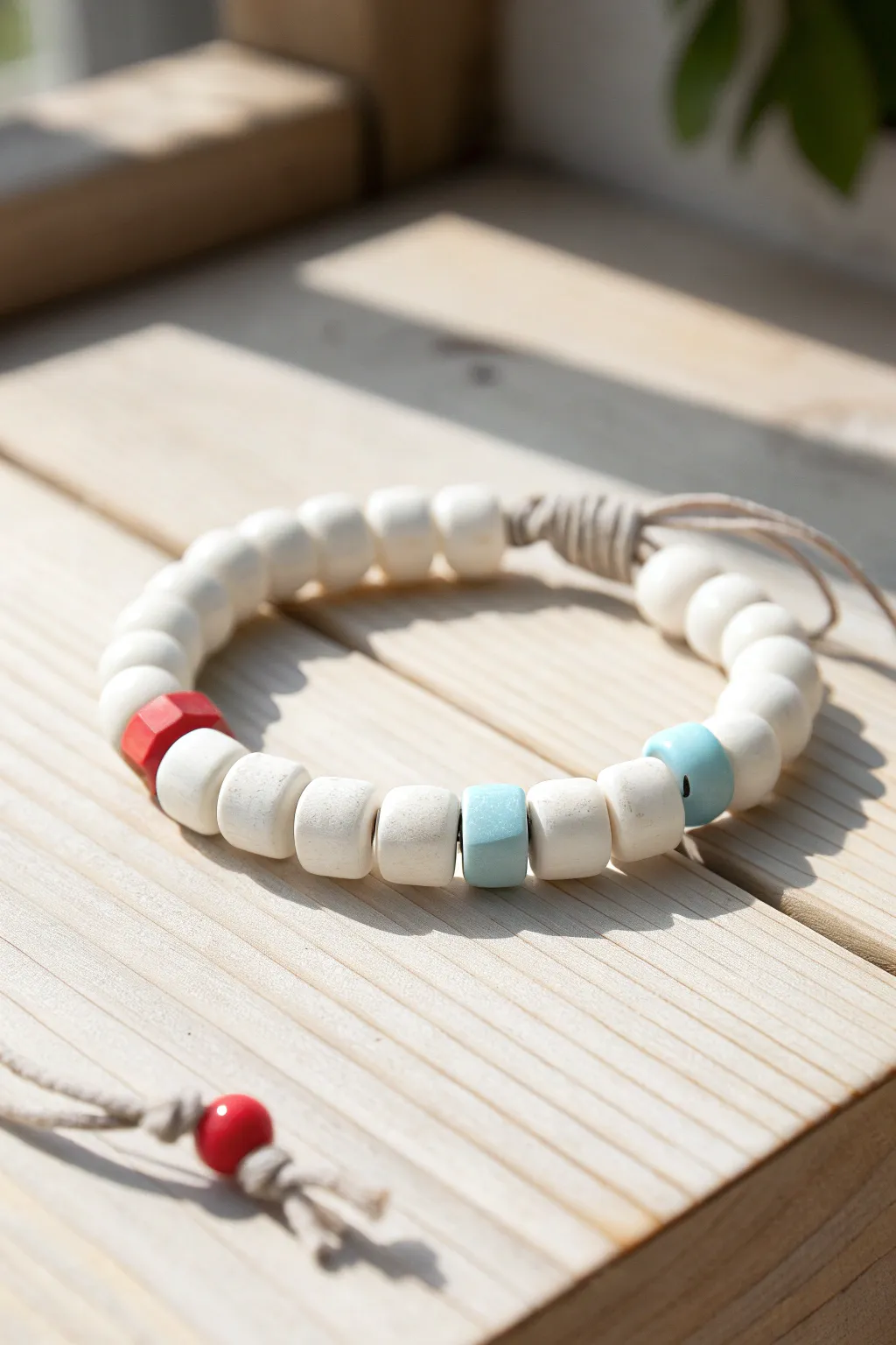 Cafeteria milk carton hues in clay beads: crisp white, soft blue, and a tiny red pop.