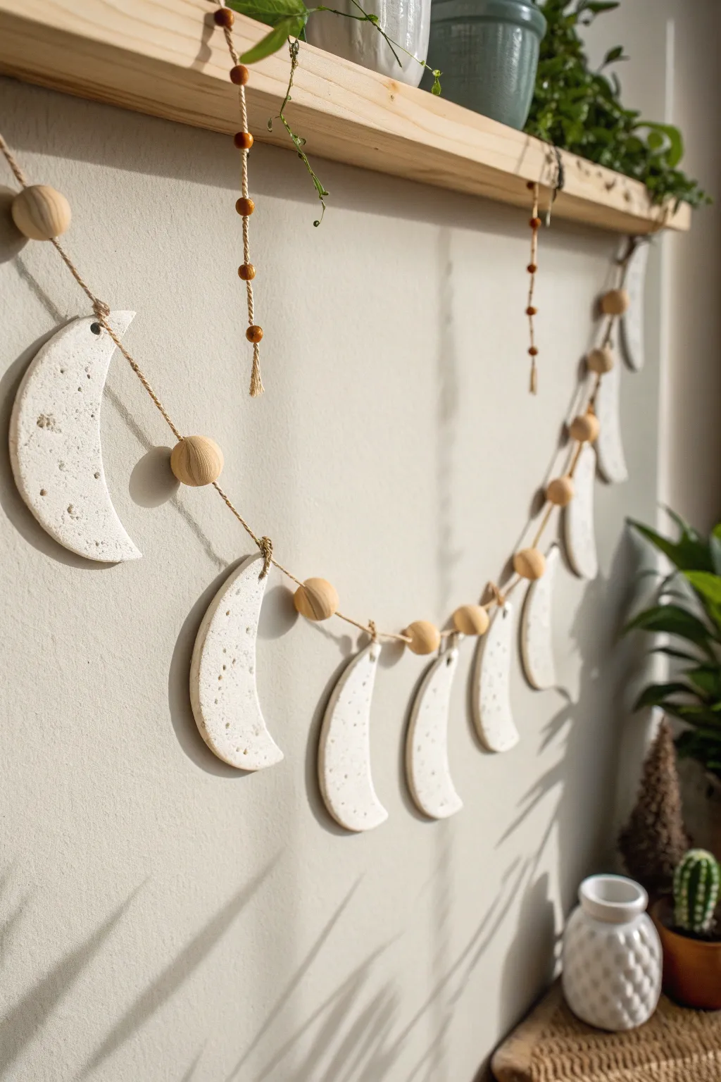 Minimal bakeable clay moon phase garland bringing calm boho texture to a clean wall.