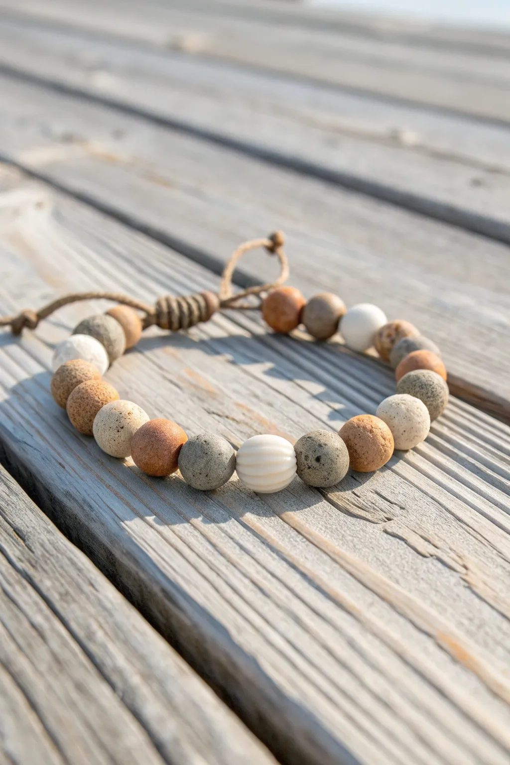 Boardwalk-neutral clay bead bracelet with driftwood textures for an effortless coastal look