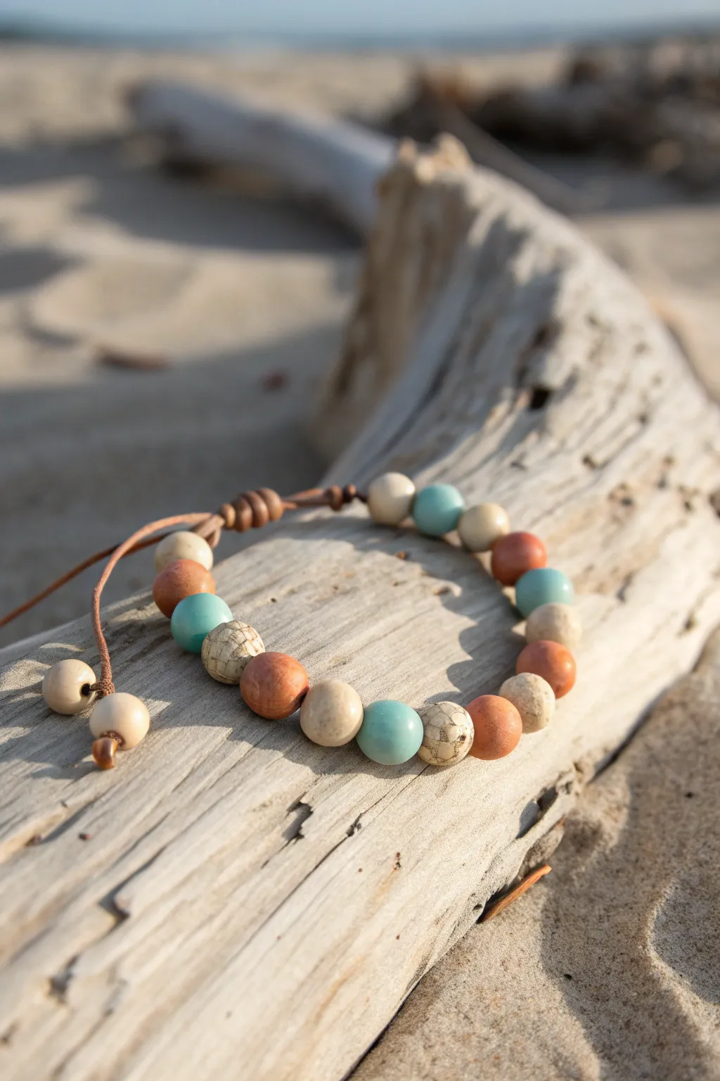 Surfer-style clay bead bracelet with adjustable cord, sandy hues and ocean blues.
