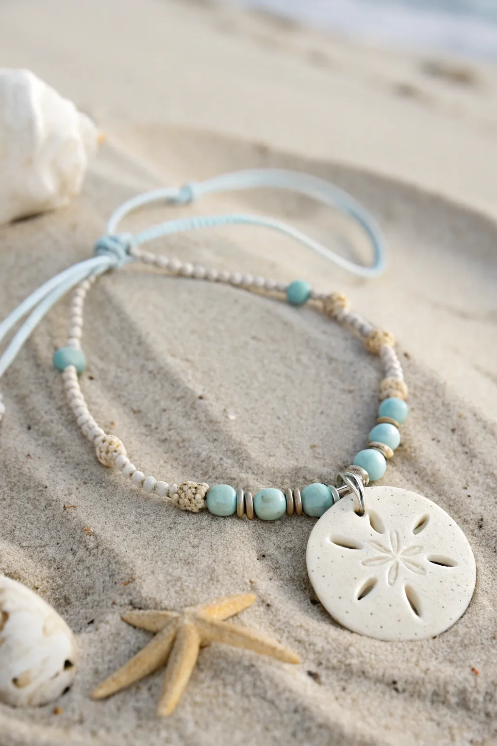 Mini sand dollar clay discs and pale blue heishi beads for an airy, beachy bracelet look