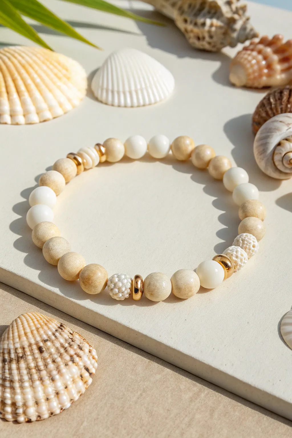 Pearl-white clay bead bracelet with sandy accents for a calm, shoreline-inspired minimalist look.