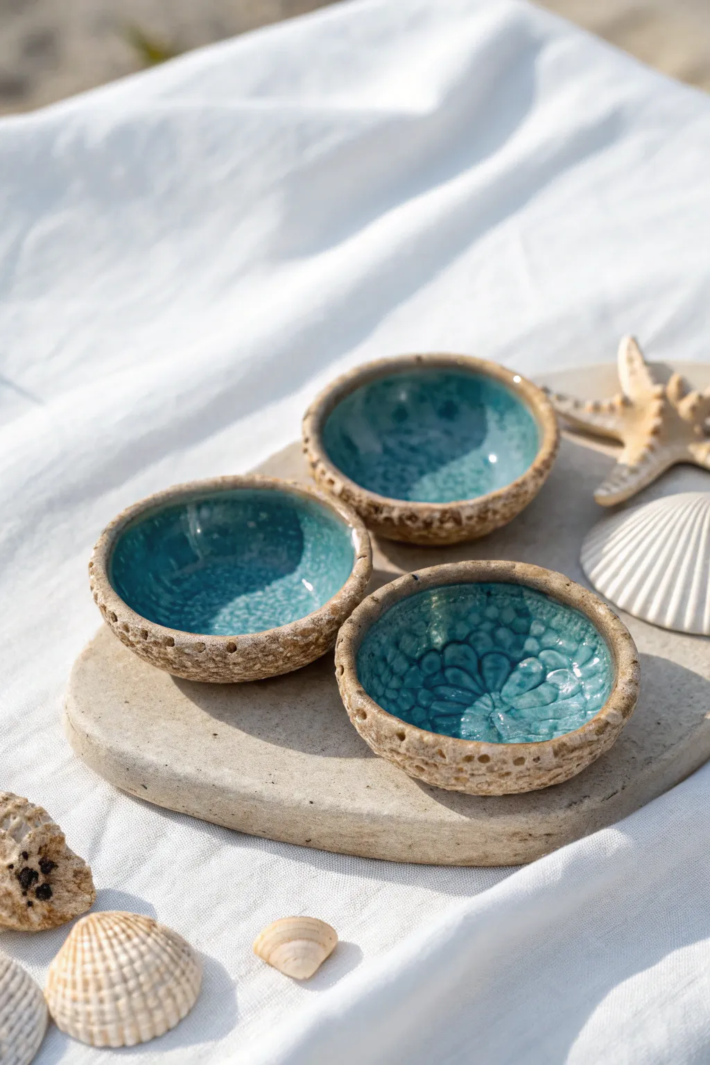 Tide pool mini dishes with pebble texture and ocean blue glaze, perfect for seaside trinkets.