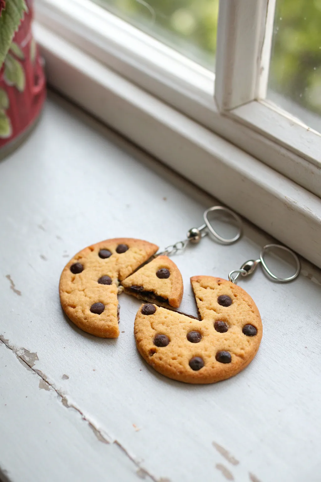 Sweet split-cookie charm duo, perfectly matching halves made for best friends to share.