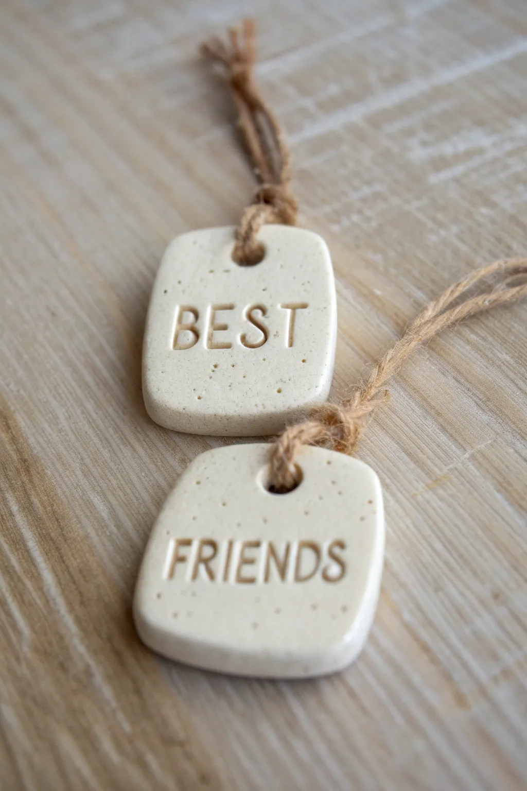 Sweet BFF clay tags: simple stamped charms in soft neutrals, perfect for matching keychains.