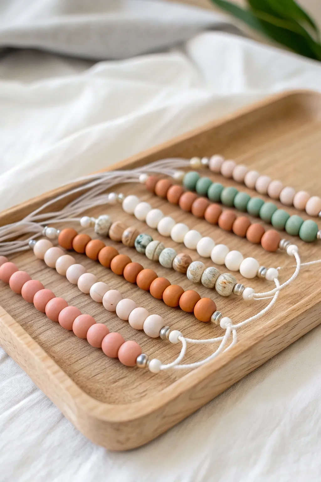 One-size birthday clay bead bracelet set lined up in soft blush tones, perfect party favors