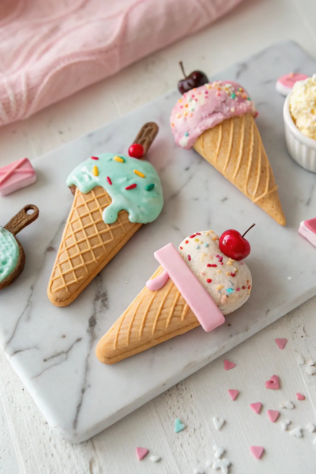 Cheerful ice cream sundae clay magnet trio for a sweet birthday craft, minimalist and bright